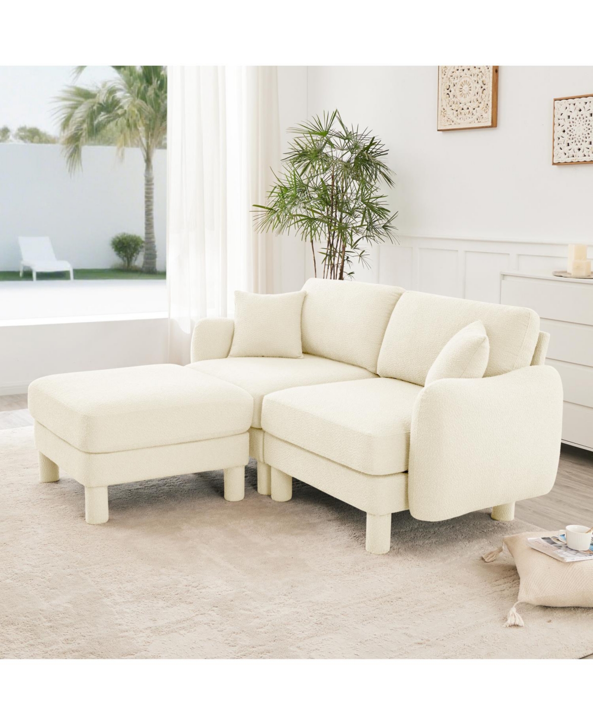Streamdale Furniture Beige Boucle 2-Seater Loveseat with Ottoman & Shell Armrests