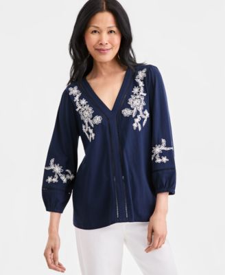 Women's Embroidered V-Neck 3/4-Sleeve Top
