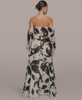 Women's Floral Print Sweetheart Neckline Puff Sleeve Gown