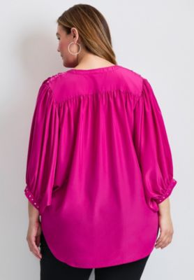 Women's Plus Size Studded Blouson Sleeve Blouse Tops