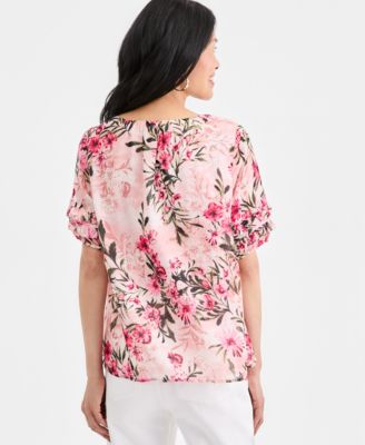 Women's Printed Ruffled V-Neck Puff-Sleeve Top