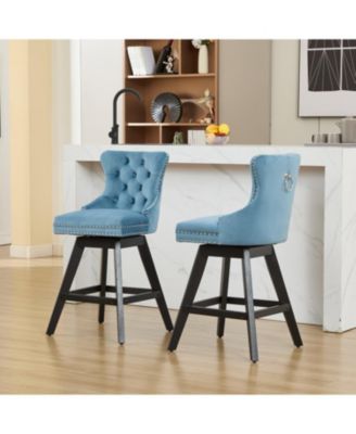 Light Blue Velvet Swivel Bar Stools, Button Tufted, Wood Legs, Set of 2
