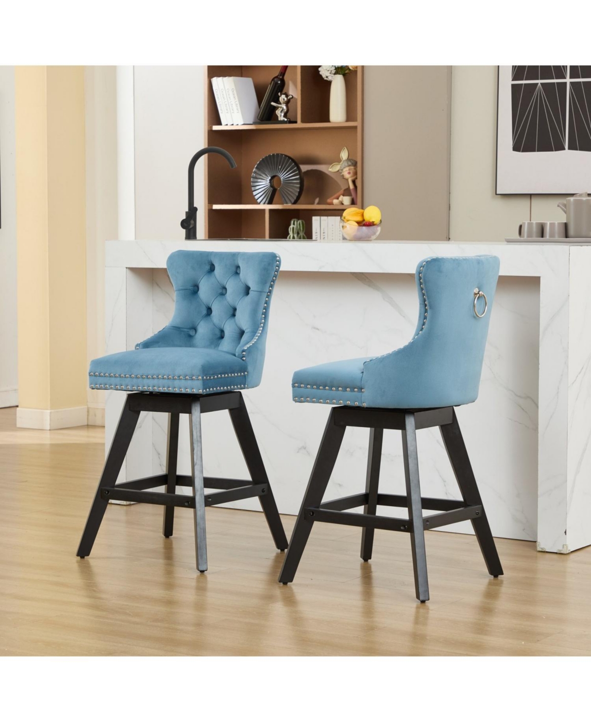 Streamdale Furniture Light Blue Velvet Swivel Bar Stools, Button Tufted, Wood Legs, Set of 2