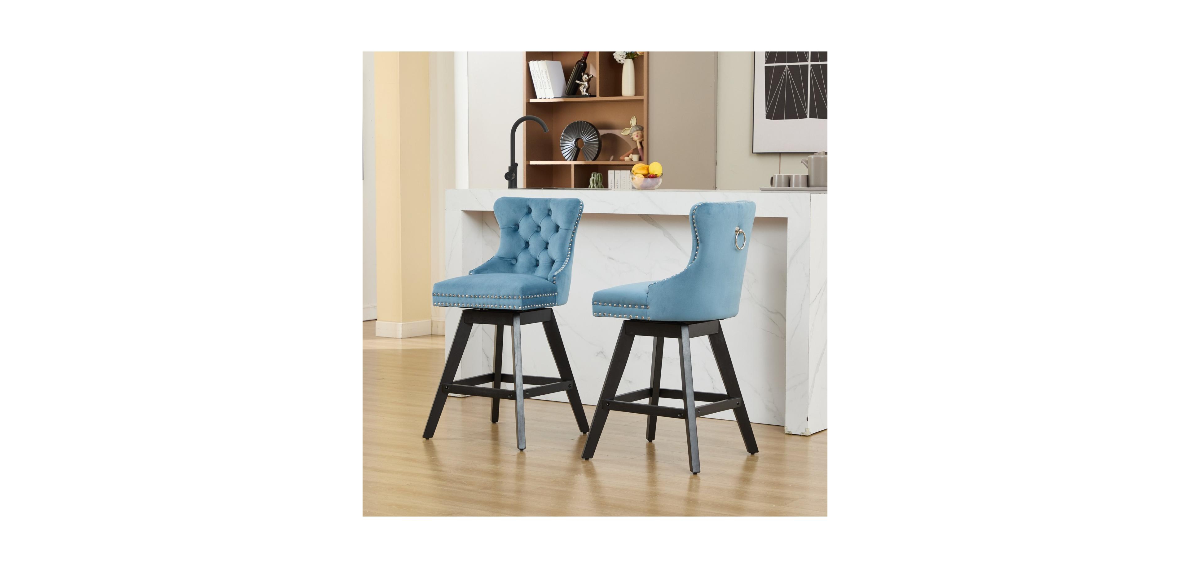 Streamdale Furniture Light Blue Velvet Swivel Bar Stools, Button Tufted, Wood Legs, Set of 2