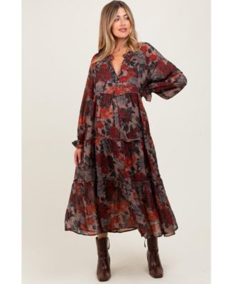 Maternity Beige Floral Chiffon Ruffle Tiered Midi Dress