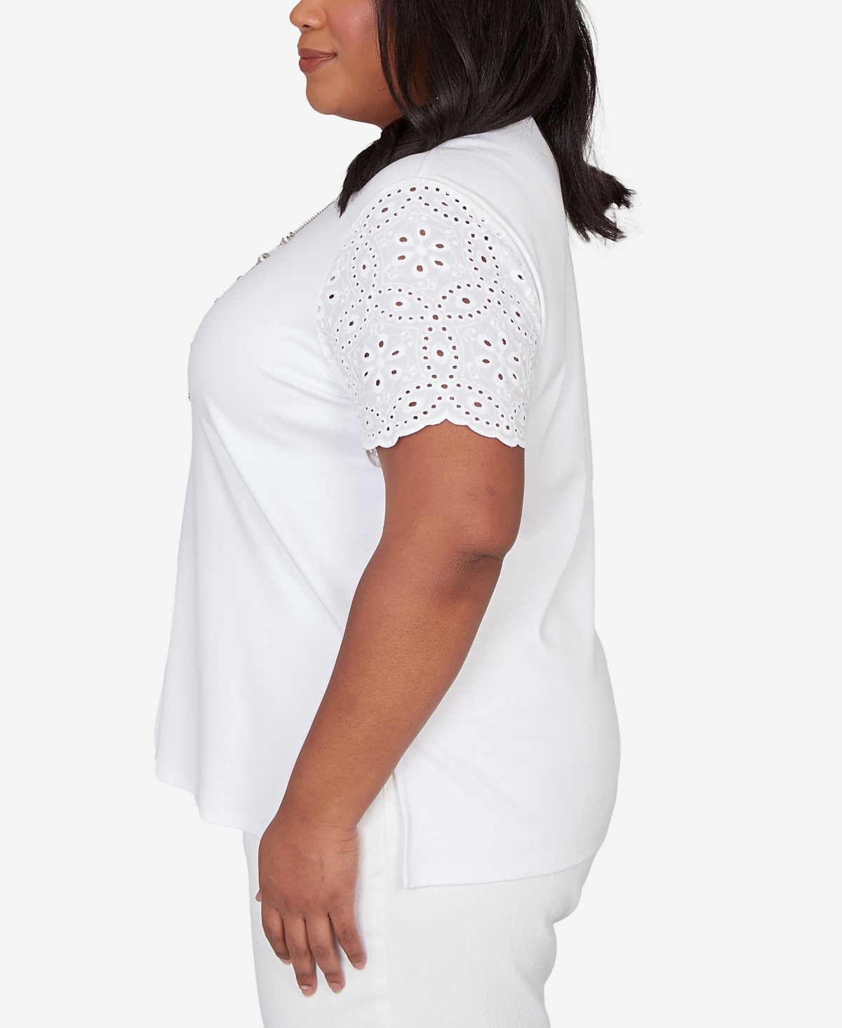 Alfred Dunner Plus Classic Solid Eyelet Sleeve T-Shirt with Necklace