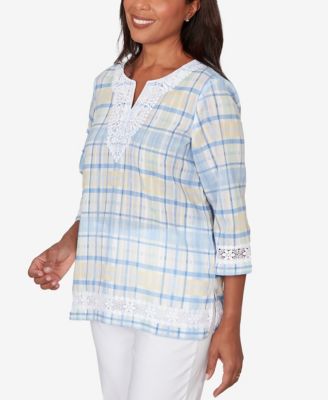 Plus Size Classic Plaid Embellished Lace Top