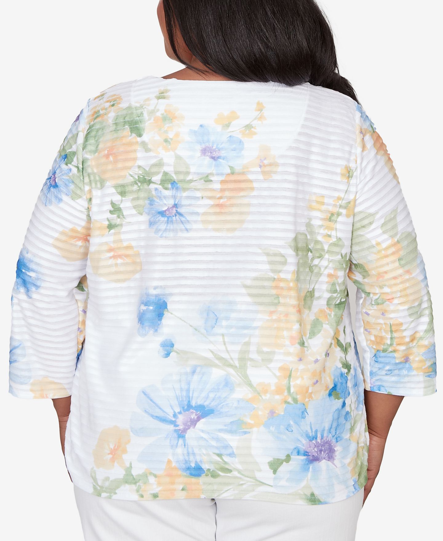 Женский топ Alfred Dunner Plus Size Classic Placed Floral Stripe, цвет: Разноцветный жёлтый — фото 5