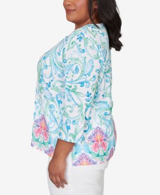 Plus Size Classic Scroll Border Embellished Neck Top