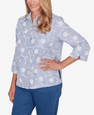 Plus Size Classic Puff Print Pinstripe Embroidered Top