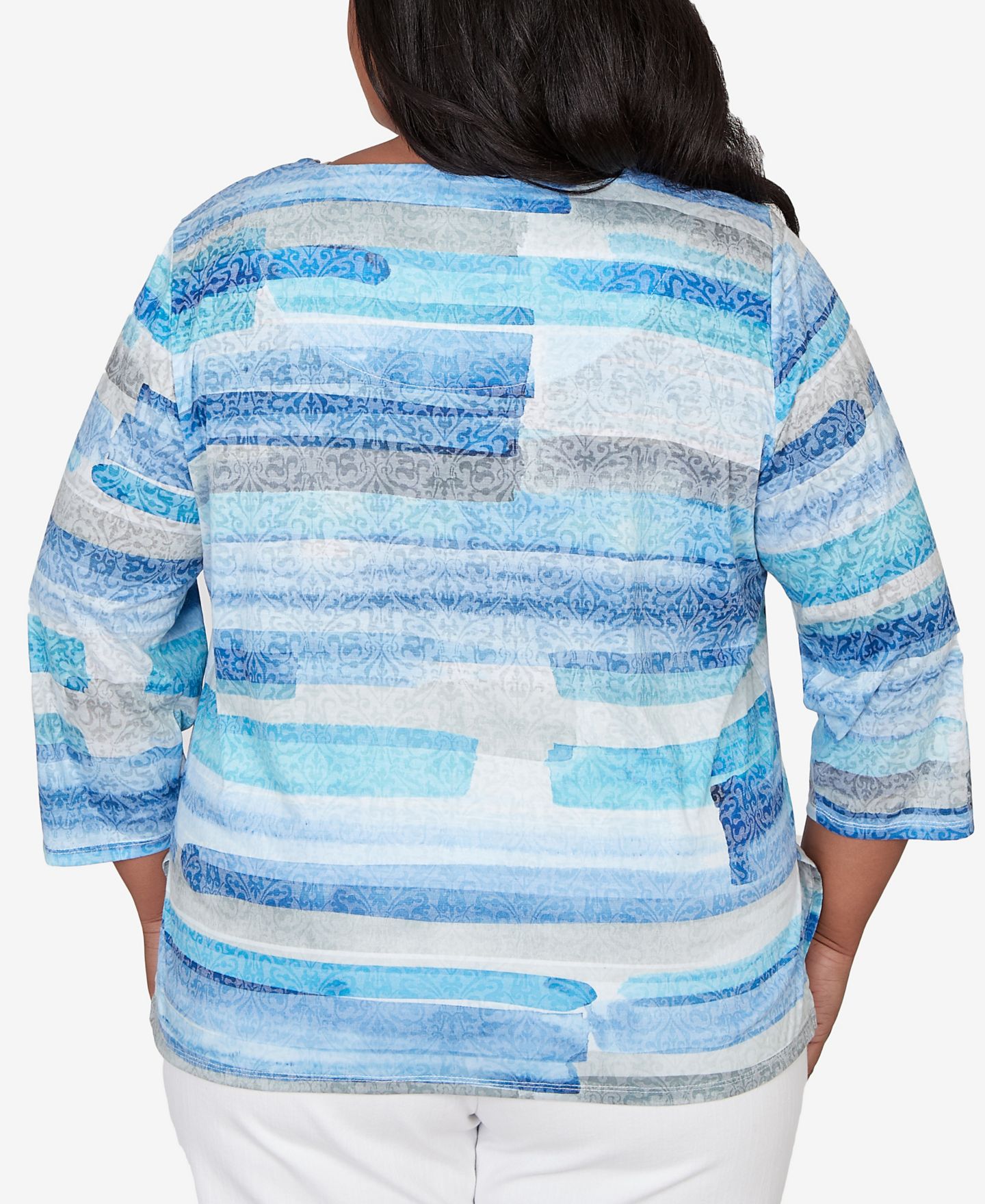 Женский топ Alfred Dunner Plus Size Classic Brushstroke Biadere Embellished Neck, цвет: Синий — фото 5