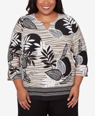 Plus Size Classic Tropical Leaf Border Print Split Neck Top