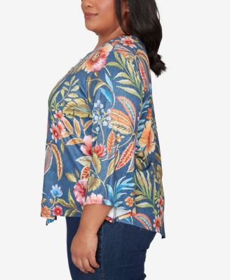 Plus Size Classic Floral Print Pointed Hem Top with Necklace