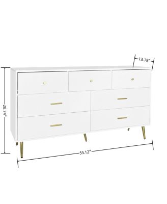 Seven Drawers Large Chest Of Drawer Cabinet With Golden Handle And Golden Legs White Color
