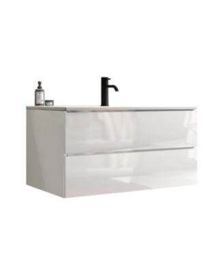 36" White Wall Mount Vanity w/ Ceramic Sink