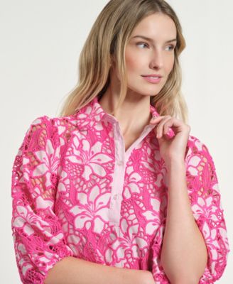 Women's Eyelet Blouson Collared Neck Dress