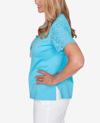 Women's Classic Solid Eyelet Sleeve T-Shirt with Necklace