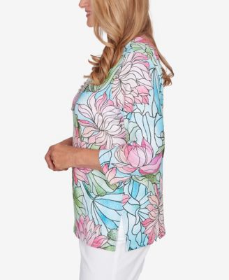 Women's Classic Stained Glass Floral Print Top with Necklace