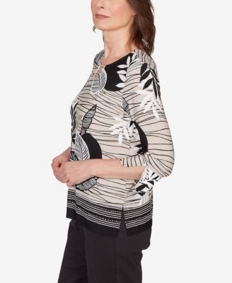 Women's Classic Tropical Leaf Border Print Split Neck Top