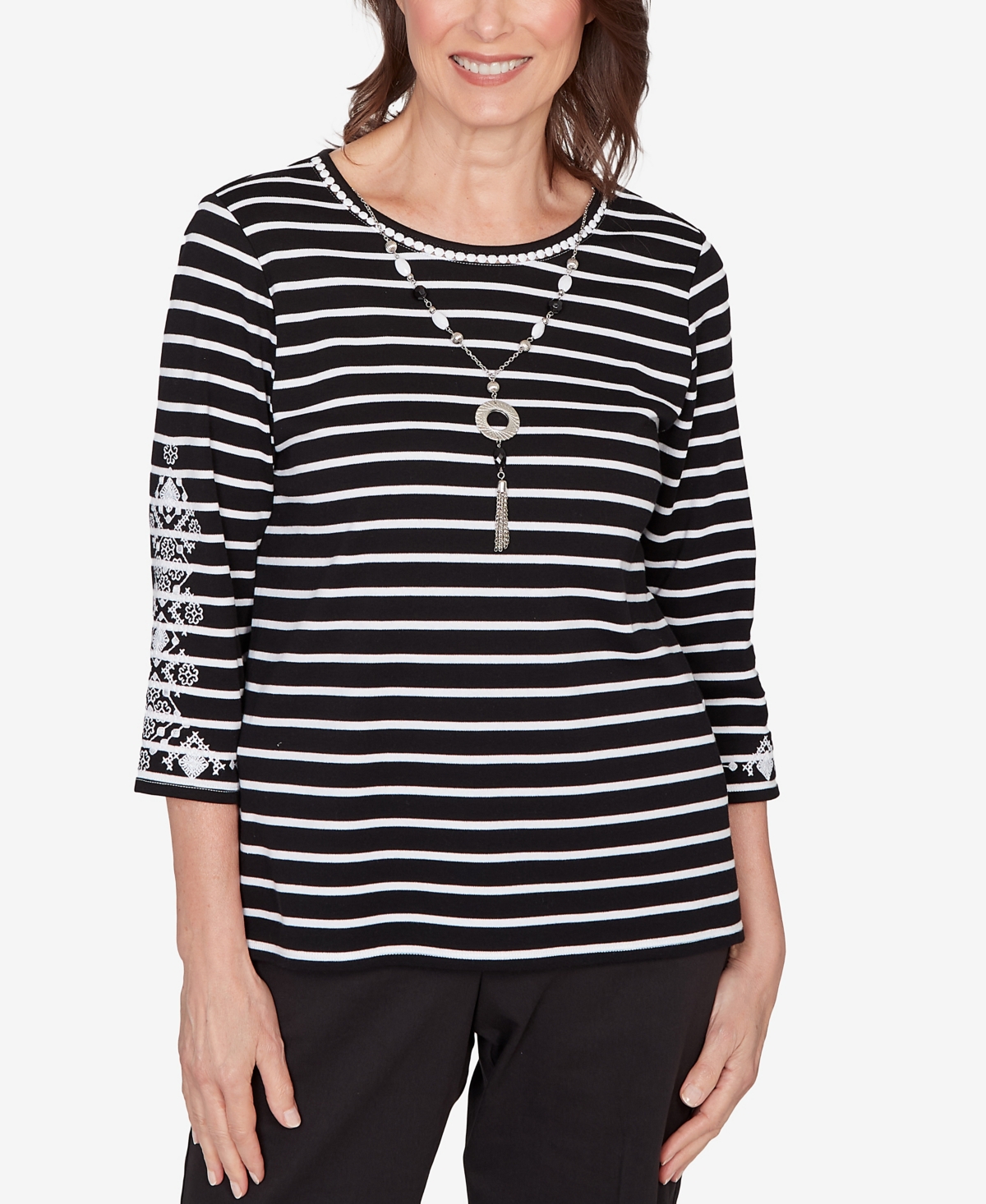 Alfred Dunner Women's Classic Pinstripe Embroidered Sleeve Top with Necklace