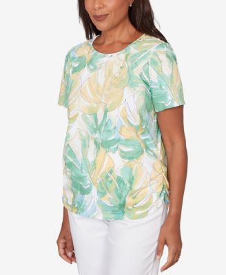 Women's Tropical Leaf Beaded Neck Ruched T-Shirt