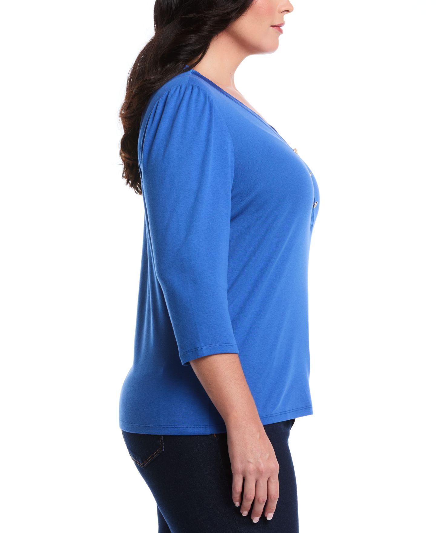 Женский топ Rafaella Plus Size Plus Size 3/4 Puff Sleeve V-Neck, цвет: Синий — фото 2