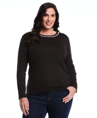 Plus Size Plus Size Embellished Neck Long Sleeve Top