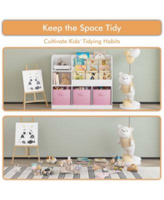 White/Pink Kids Bookcase with 3 Collapsible Fabric Drawers for Bedroom