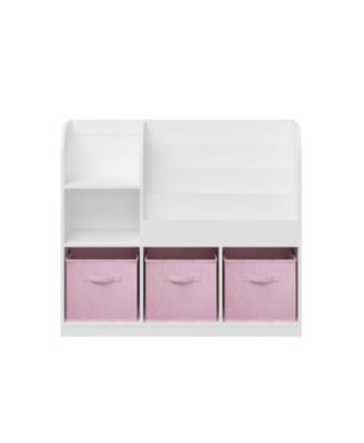 White/Pink Kids Bookcase with 3 Collapsible Fabric Drawers for Bedroom