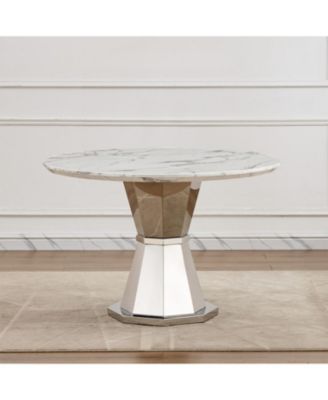47" Round Marble Dining Table, High Gloss Faux Marble Top, Stainless Steel Base (White