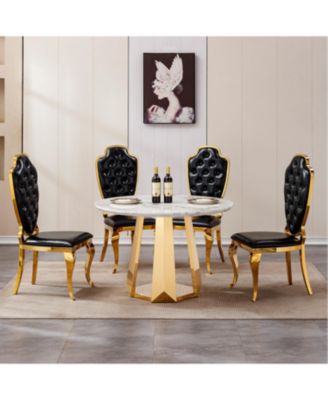 47" Round Marble Dining Table, Gold Base