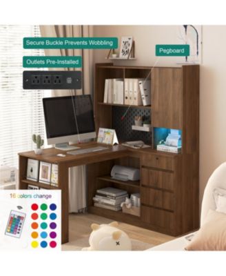 + L-Shaped + Wood/Engineered Wood (assuming material) + Drawers, Bookshelf, LED Light, Corner Gaming + Desk