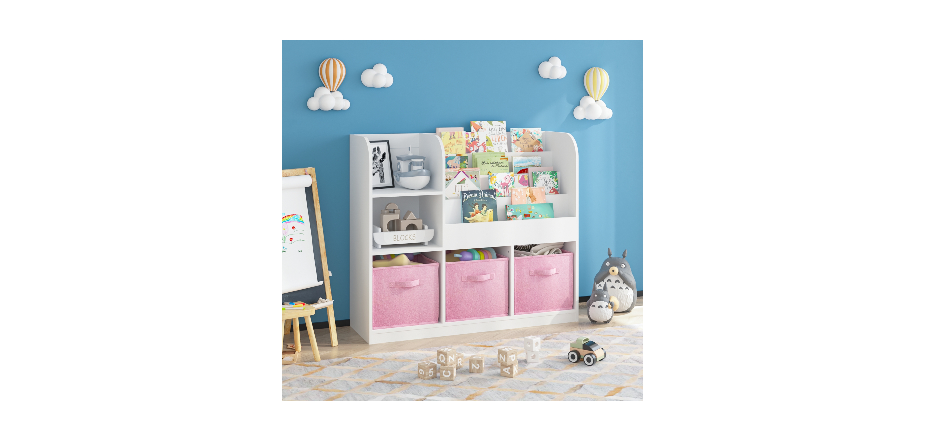 Streamdale Furniture Kids Bookcase with Fabric Drawers - White/Pink