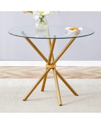 Round Clear Glass Dining Table with Gold Ring Legs