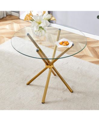 Round Clear Glass Dining Table with Gold Ring Legs