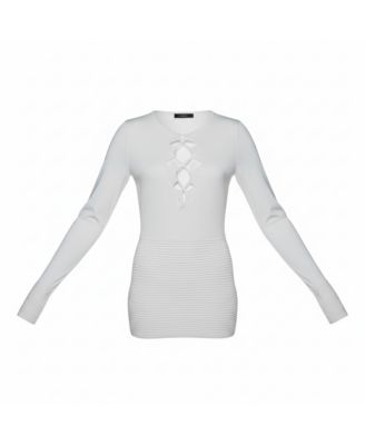 Women's White Textured Knit Lace Up Tie Detail Mini Dress