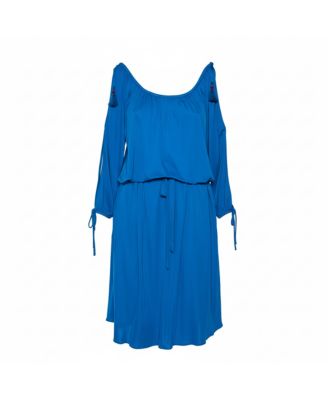 Women's Blue Jersey Cold Shoulder Tassel Tie Detailed Belted Dress