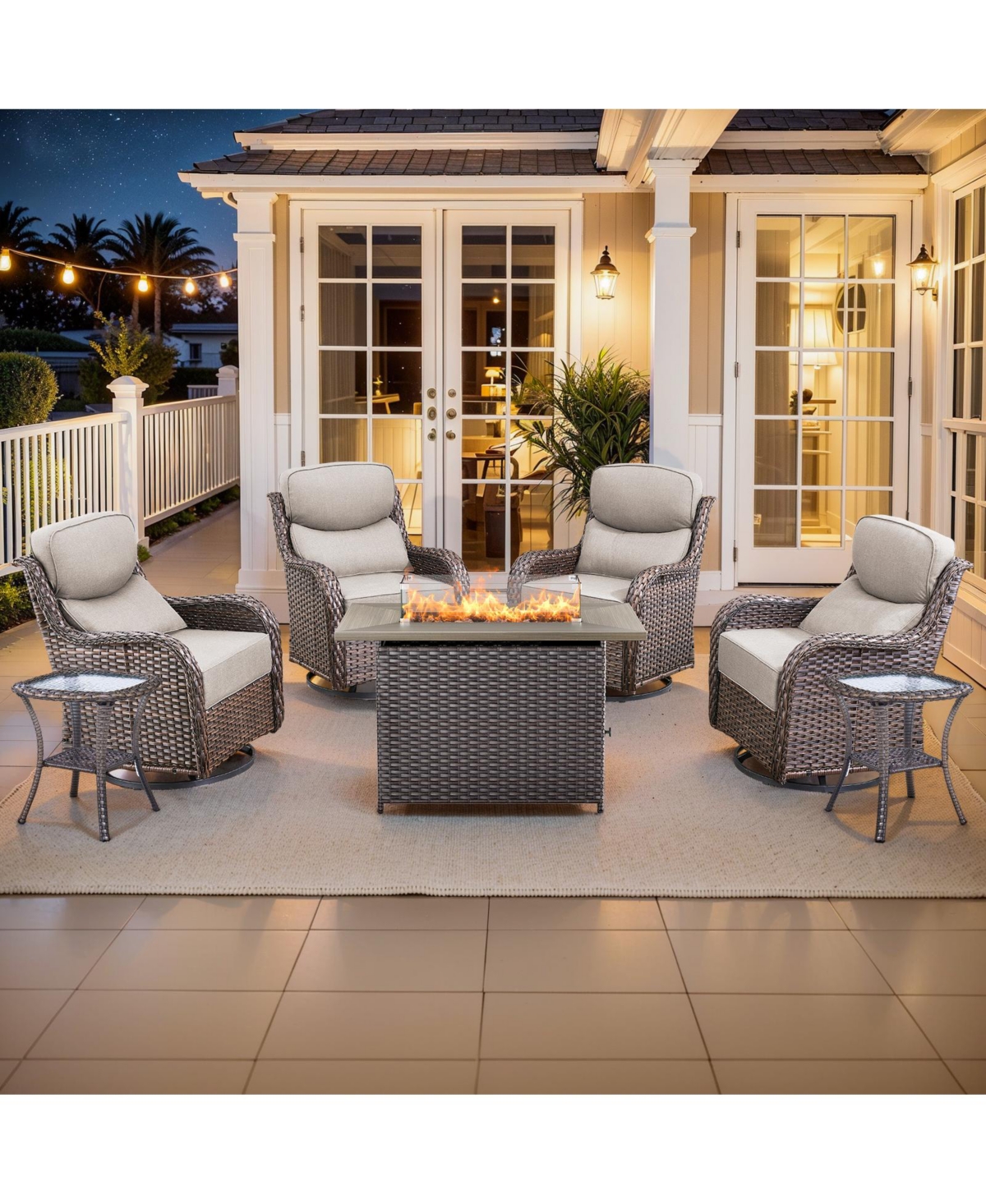 Gymojoy Crescent All-weather Pe Wicker Fire Pit Conversation Set with Olefin 6 In. Thick Cushions Patio Swivel Chairs Side Tables (7-Piece)