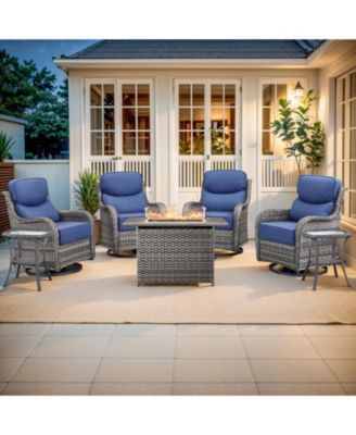 Crescent All-weather PE Wicker Fire Pit Conversation Set with Olefin 6 In. Thick Cushions Patio Swivel Chairs Set with Side Tables (7-Piece)