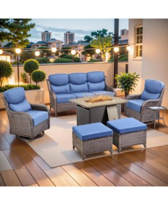 Crescent All-weather PE Wicker Fire Pit Conversation Set with Olefin 6 Inch Thick Cushions Patio Swivel Chairs Set/Couch/Ottomans (7-Piece)