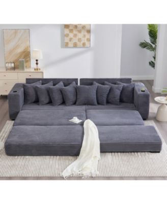Corduroy L-Shaped Sectional Sofa with Ottoman, Pillows & Cup Holders