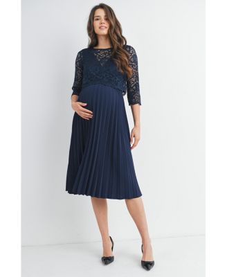 Maternity 3/4 Sleeve Lace Bodice Pleated Nursing Dress