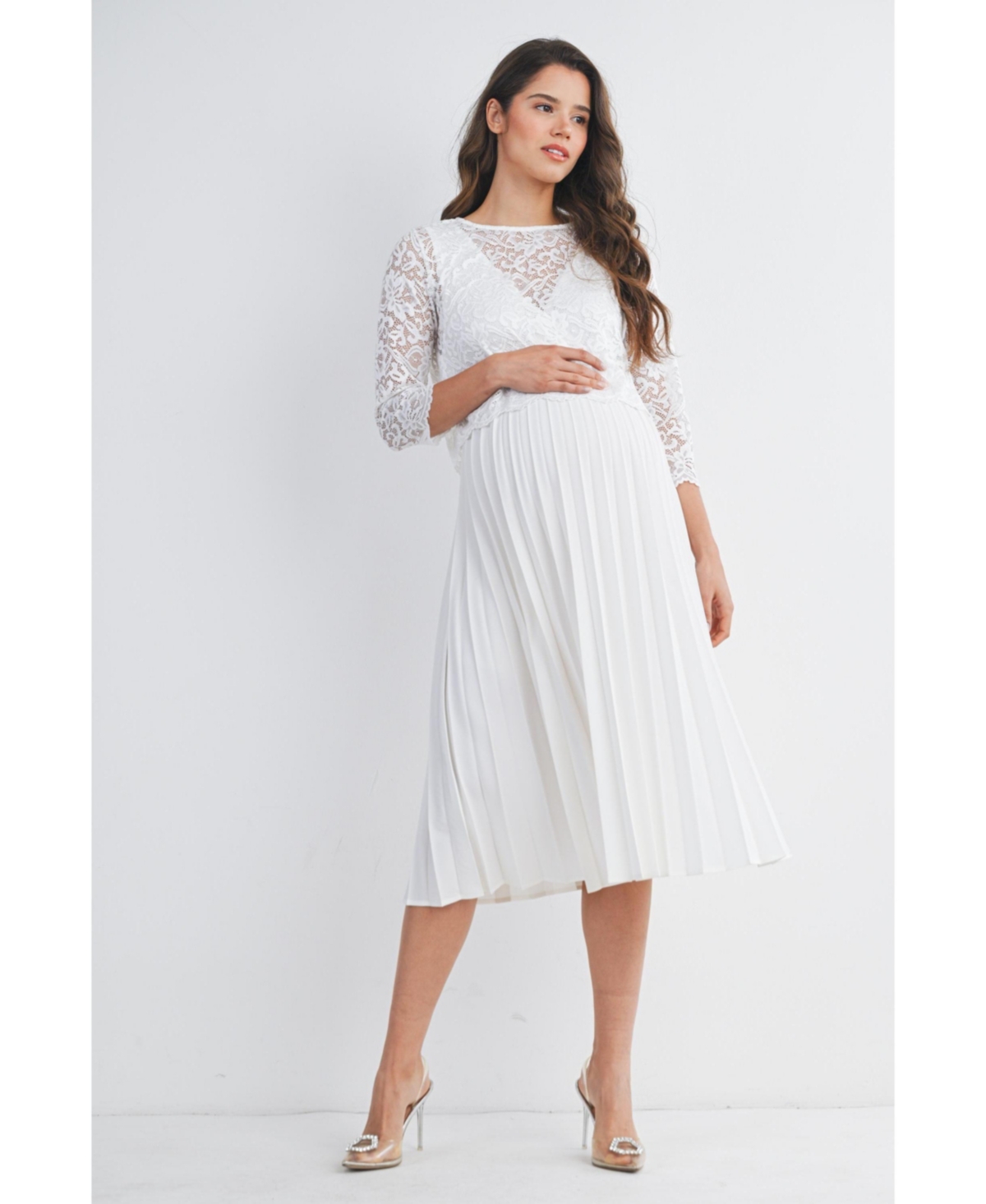 Hello Miz Maternity 3/4 Sleeve Lace Bodice Pleated Nursing Dress