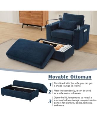 Modern Armchair Chaise Lounge Sofa w/ Ottoman, USB Ports, Cup & Phone Holders - Blue