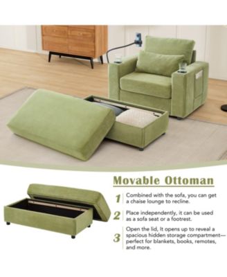 Modern Green Armchair with Ottoman, USB Ports & Cup Holders
