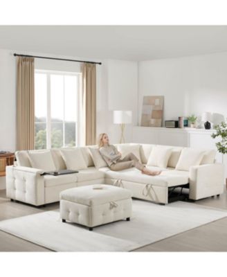 Modular Sectional Sofa Bed- Flip Table, Lamp, Ports, Ottoman, Tufted, 6 Pillows