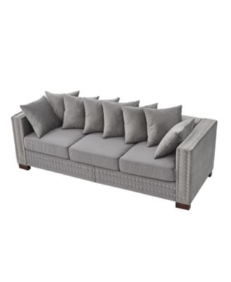 Modern Grey Velvet Sofa Silver Nailhead Trim