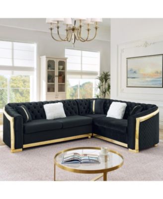 L-Shaped Chesterfield Sectional Sofa, Velvet, Gold Accents, Black