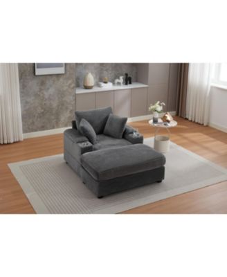 Streamdale Corduroy Chaise Lounge Sofa w/ Ottoman, Storage & Cupholders