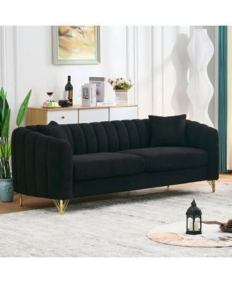 85" Chenille Sofa, 3 Seater Deep Couch, Tufted, Gold Legs